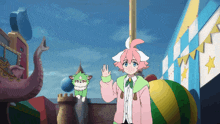 a girl and a cat are standing in a carnival