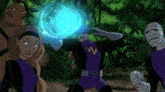 a man in a purple superhero costume with the letter w on it