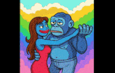 a cartoon of a gorilla hugging a woman in a red dress .