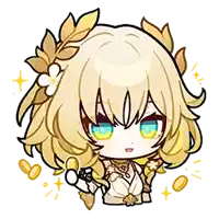 a cartoon girl with blonde hair and blue eyes is wearing a wreath of gold leaves around her head .