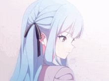 a blue haired anime girl with a black bow in her hair