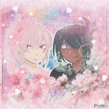 a picture of two anime characters with the words " i love you forever " written on it