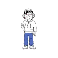 a cartoon monkey is wearing a white hoodie and blue jeans