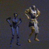 a couple of robots standing next to each other on a black background .