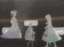 three anime girls are standing next to each other with wow written on the bottom
