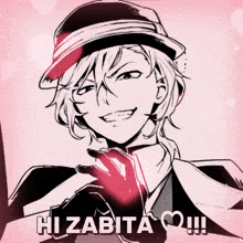 a black and white drawing of a man with the words hizabita !!! written below him