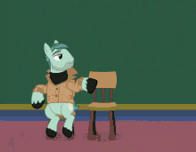 a cartoon of a man standing next to a chair and a pony