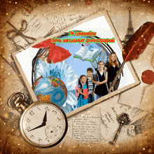 a picture of a group of children is surrounded by envelopes and a clock and has the date 14 september on it