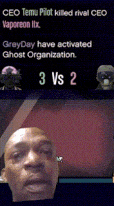 a man 's face is on a screen with the words ceo temu pilot killed rival ceo vaporeon iix