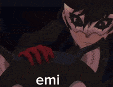 a close up of a person 's face with the word emi on the bottom