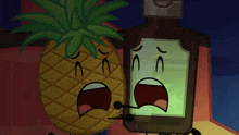 a cartoon of a pineapple and a bottle with a green liquid in it