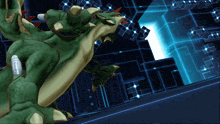 a green and white monster is standing in front of a blue and white background