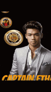 a man in a suit stands in front of a black background that says " captain eth "