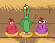 three chickens are standing next to each other in a cartoon
