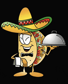 a cartoon taco wearing a sombrero is holding a tray