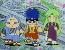 three cartoon characters are standing next to each other in a city