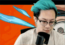a man with blue hair is wearing glasses and headphones