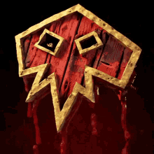 a red and gold shield with blood dripping off of it