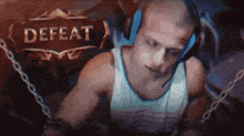 a man wearing headphones is chained to a wall with the word defeat above him