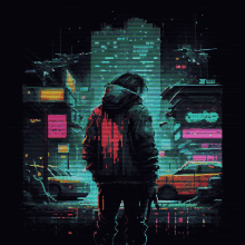 a pixel art of a person standing in front of a city with a sign that says ' samurai ' on it