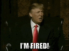 donald trump is sitting in a chair and saying i 'm fired !