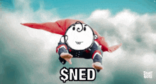 a cartoon character with a red cape is flying through the air with the word sned on the bottom