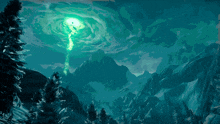 a painting of a snowy mountain range with a green light coming out of the sky