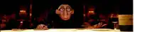 a cartoon character is sitting at a table with a glass of wine .