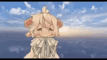 a cartoon girl with a bow on her neck is standing in front of a cloudy sky .