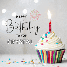 a birthday card for crystal with a cupcake with a lit candle