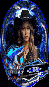 a picture of a woman in a cowboy hat with a shark and the words s.m.c official xena ofc
