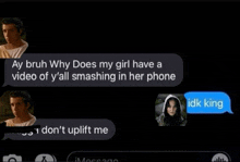 a man and a woman are having a conversation on a cell phone with a blue idk king bubble