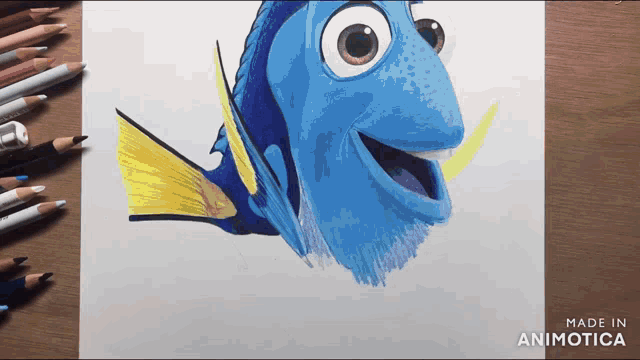 a time lapse illustration of Dory from Finding Nemo in full color pencil on paper