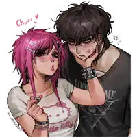 a girl with pink hair and a hello kitty shirt kisses a boy