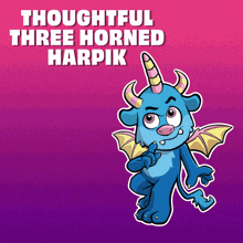 a thoughtful three horned harpik cartoon character on a purple background