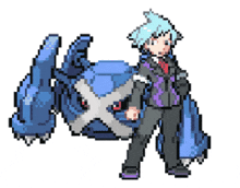 a pixel art of a boy and a blue monster