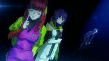 a group of anime characters are standing in a dark room