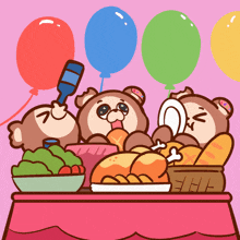 a cartoon of three bears sitting around a table with balloons