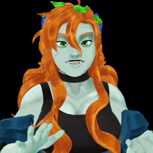 a cartoon drawing of a girl with red hair and green eyes