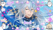 a pixel art of a man with long white hair and the word kaci