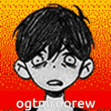 a black and white drawing of a boy with the words ogtmroorew on the bottom .