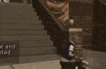a man in a blue vest is walking down a sidewalk in a video game .