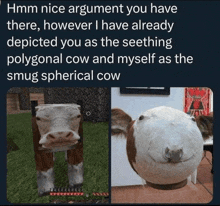 a screenshot of a cow in a video game and a picture of a cow in real life
