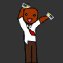 a cartoon character in a white shirt and tie is holding a can of soda in his hand .