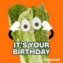a cartoon lettuce says it 's your birthday on a orange background