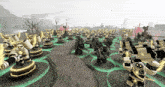 a bunch of robots are standing in a field with a few trees in the background