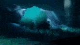 a painting of a dark forest with a blue light coming out of the ground