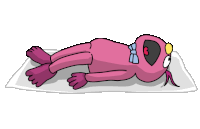 a pink cartoon character laying on a white towel
