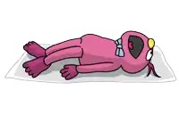 a pink cartoon character laying on a white towel
