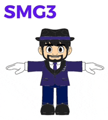 a cartoon of a man in a suit and hat with the name smg3 on the bottom